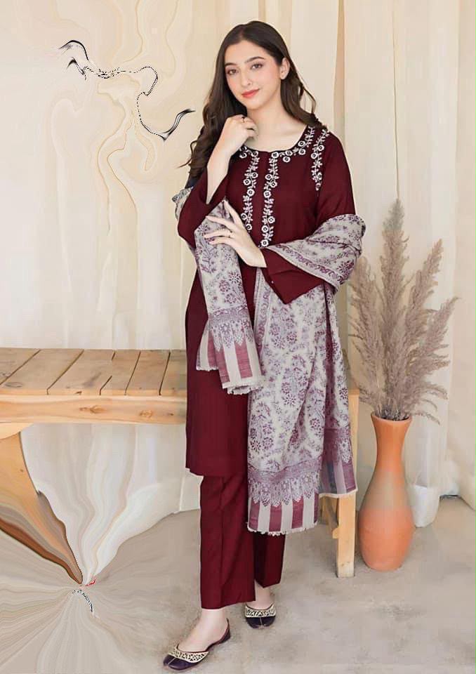 A Sling Dhanak Embroidered 3 Piece Suit – Maroon