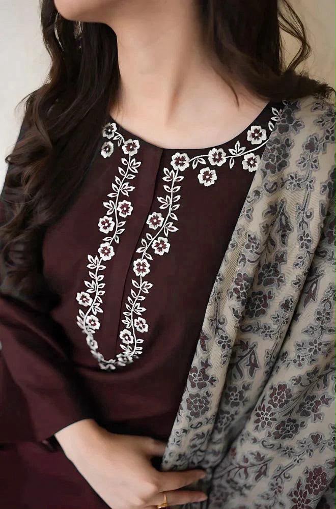A Sling Dhanak Embroidered 3 Piece Suit – Maroon