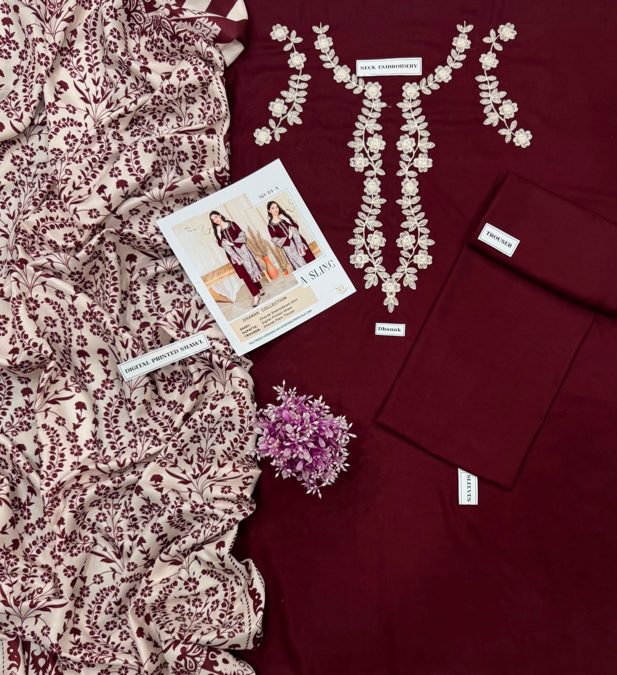 A Sling Dhanak Embroidered 3 Piece Suit – Maroon