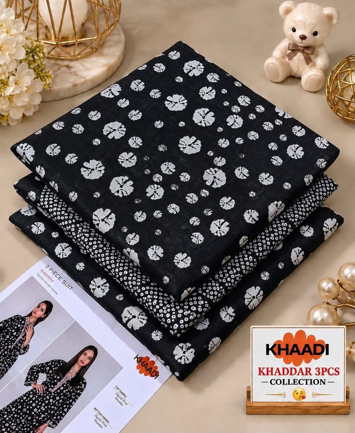 Khaadi Printed Khaddar 3 Piece Suit – Black & White Floral