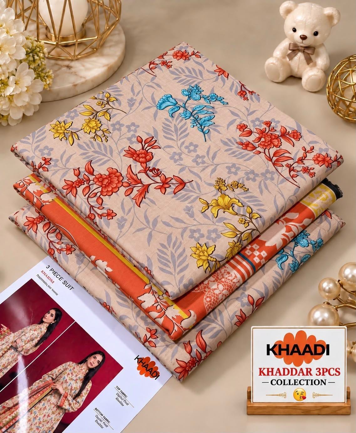 Khaadi Printed Khaddar 3 Piece Suit – Beige Multicolor Floral