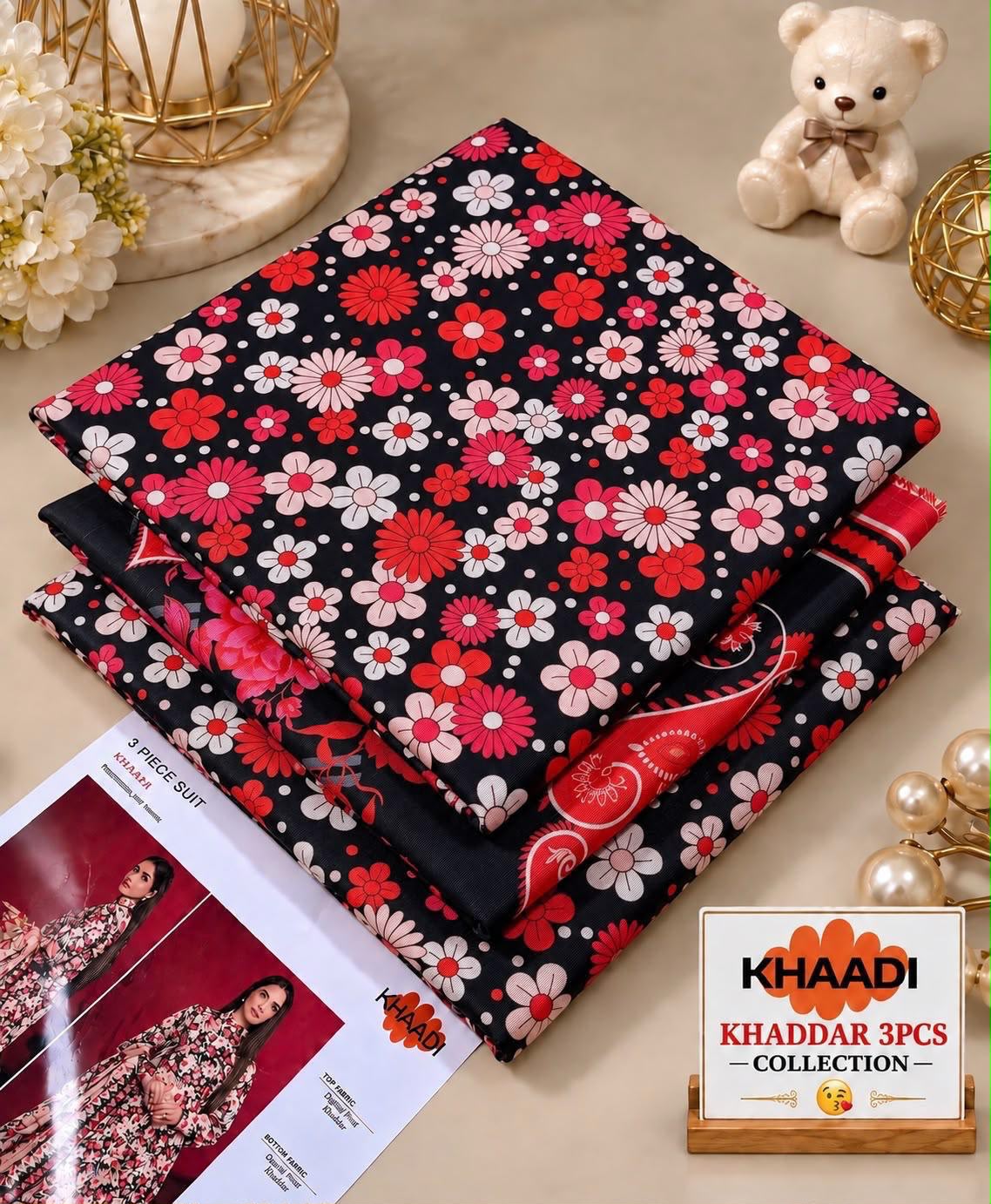 Khaadi Printed Khaddar 3 Piece Suit – Black Red Floral