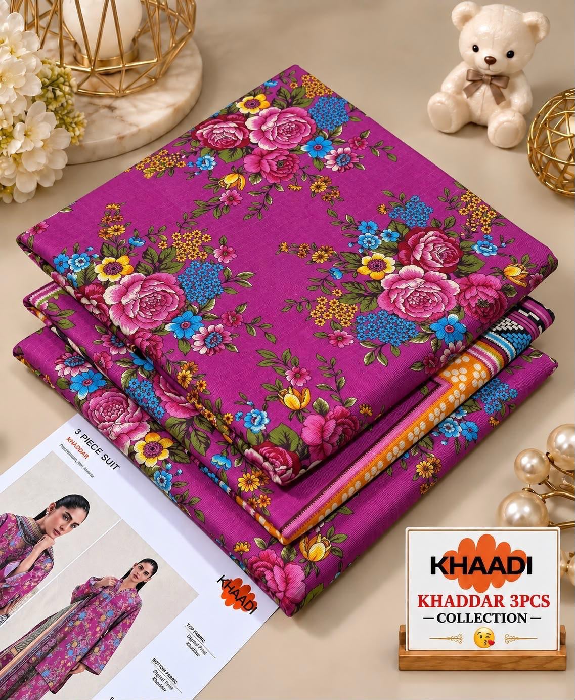 Khaadi Printed Khaddar 3 Piece Suit – Magenta Flor