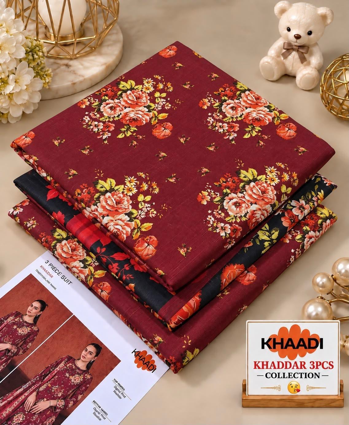 Khaadi Printed Khaddar 3 Piece Suit – Maroon Floral