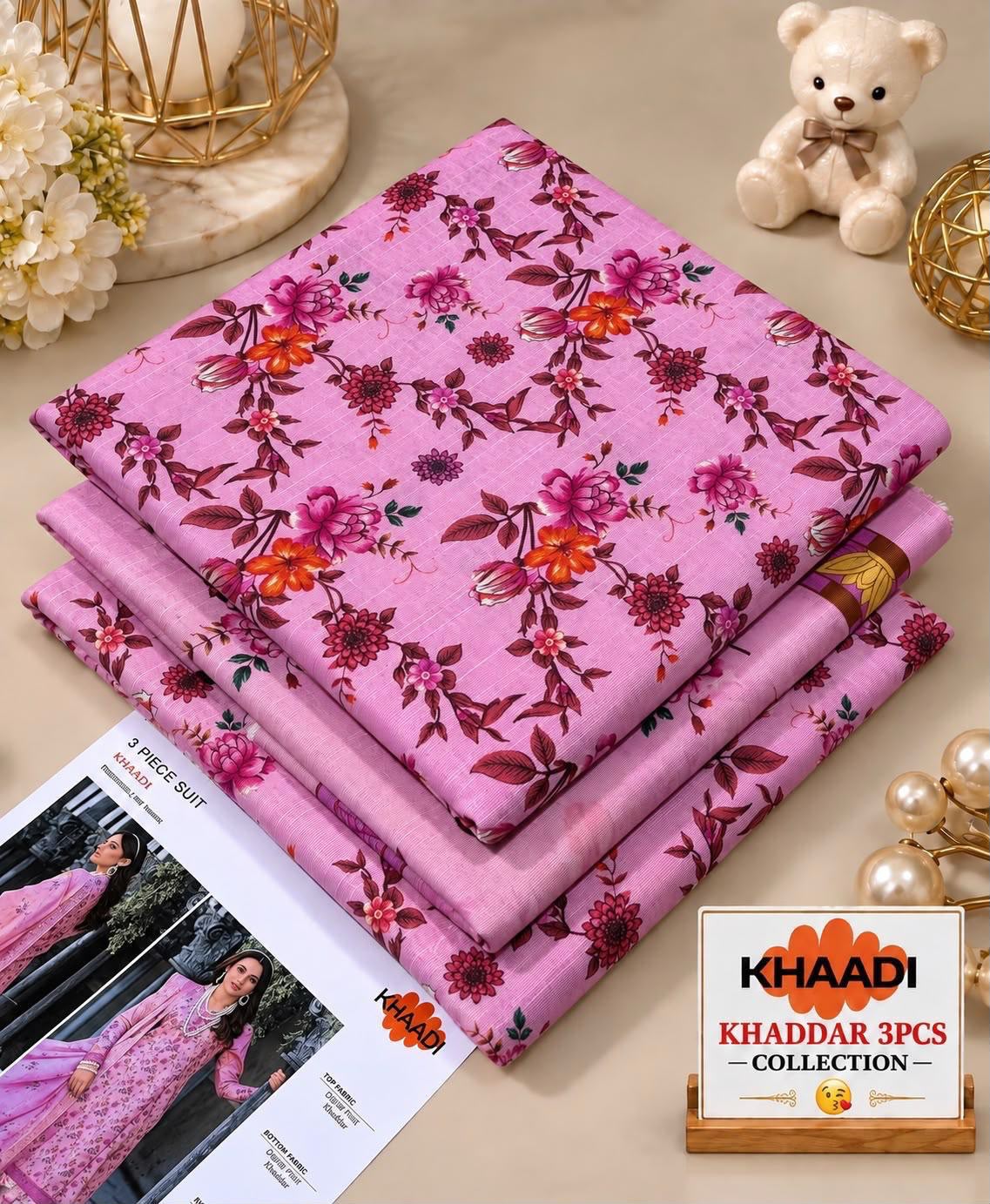 Khaadi Printed Khaddar 3 Piece Suit – Blush Pink Floral