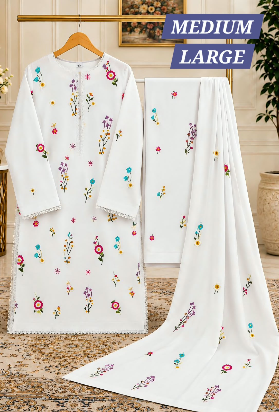 White Floral Embroidered 3 Piece Ready to Wear Suit for Women