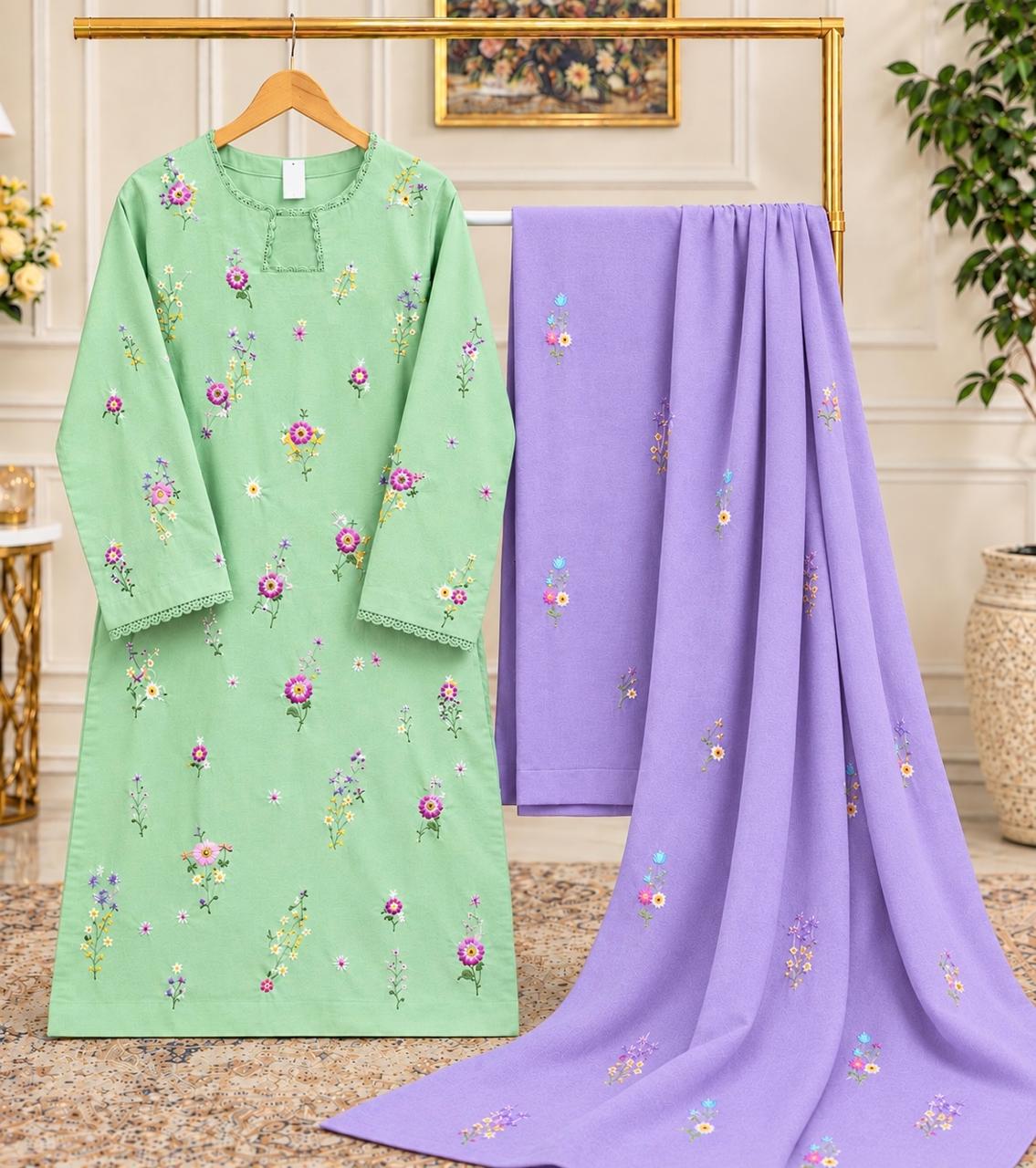 Mint Green Floral Embroidered 3 Piece Suit with Lavender Dupatta