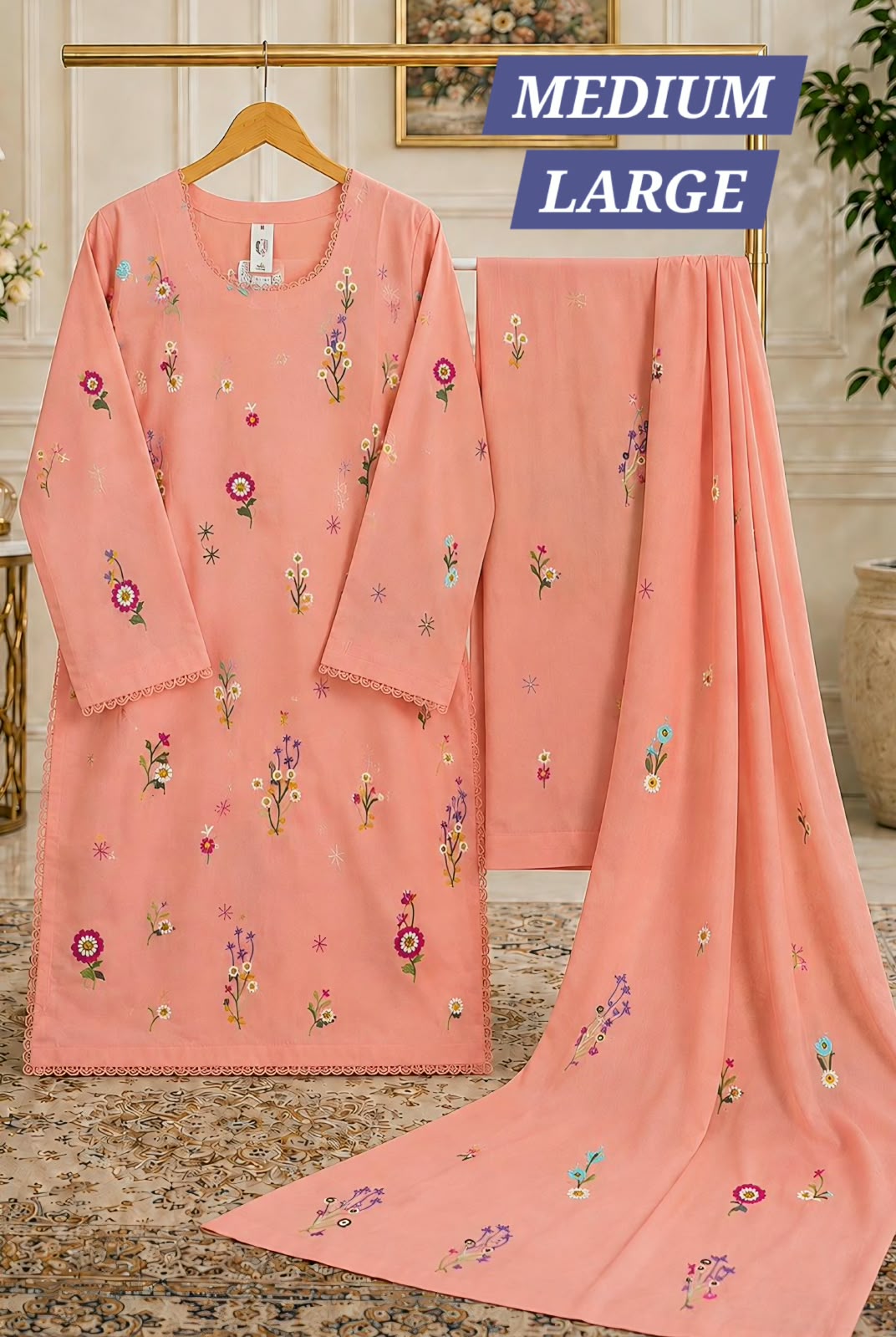 Peach Floral Embroidered 3 Piece Ready to Wear Suit for Women