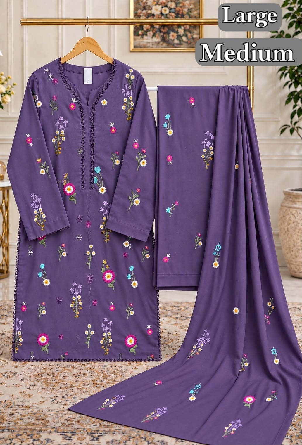 Purple Floral Embroidered 3 Piece Ready to Wear Suit for Women