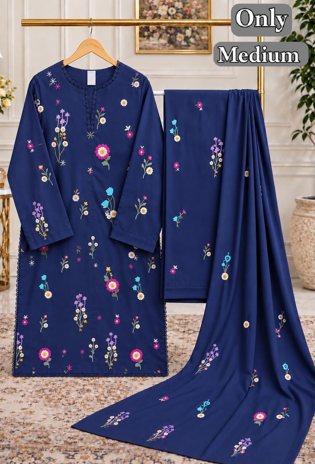 Navy Blue Floral Embroidered 3 Piece Ready to Wear Women’s Suit