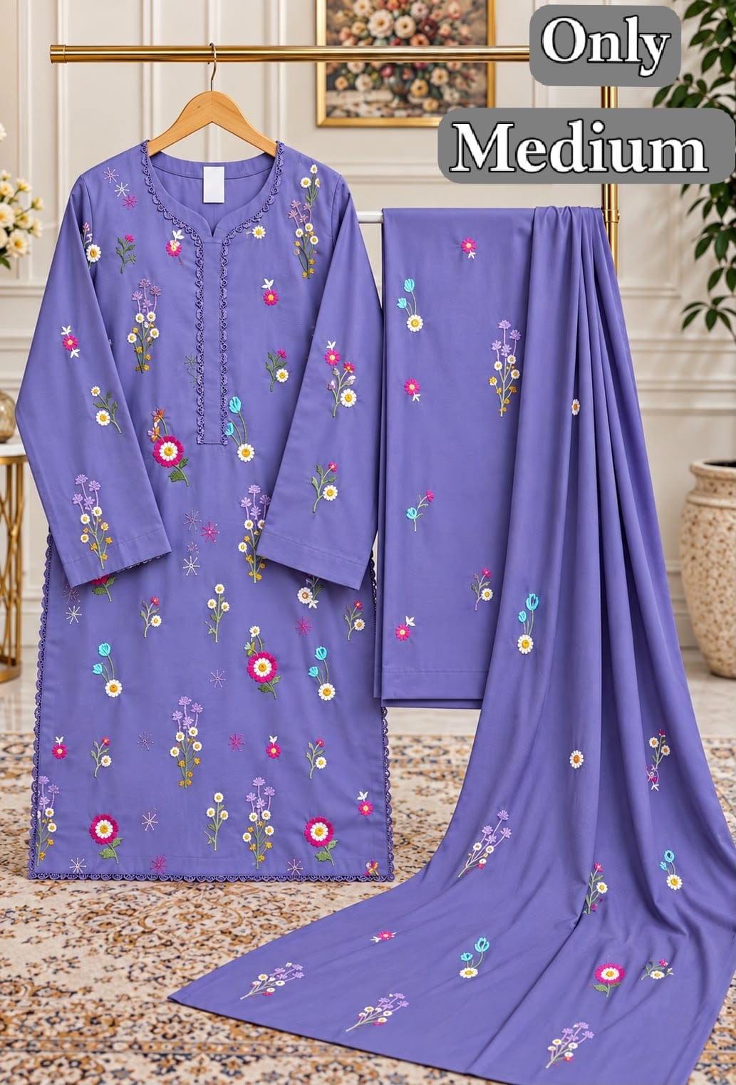 Lavender Floral Embroidered 3 Piece Ready to Wear Women’s Suit
