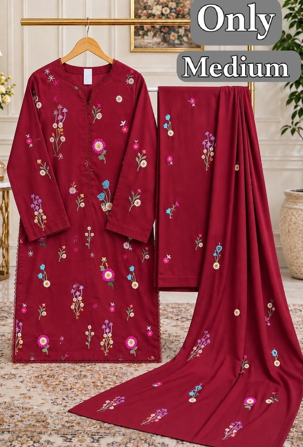 Maroon Floral Embroidered 3 Piece Ready to Wear Suit for Women