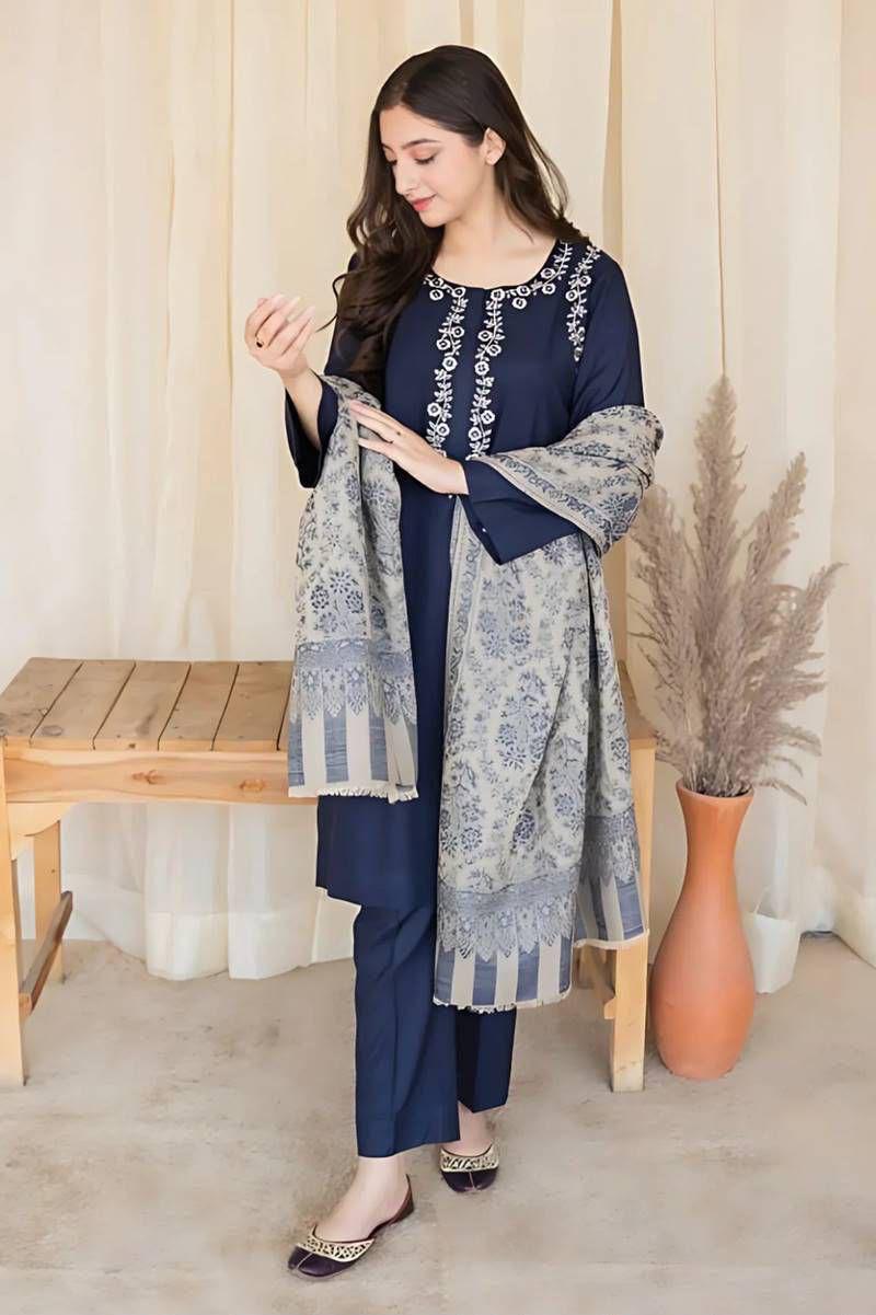 A Sling Dhanak Embroidered 3 Piece Suit – Navy Blue