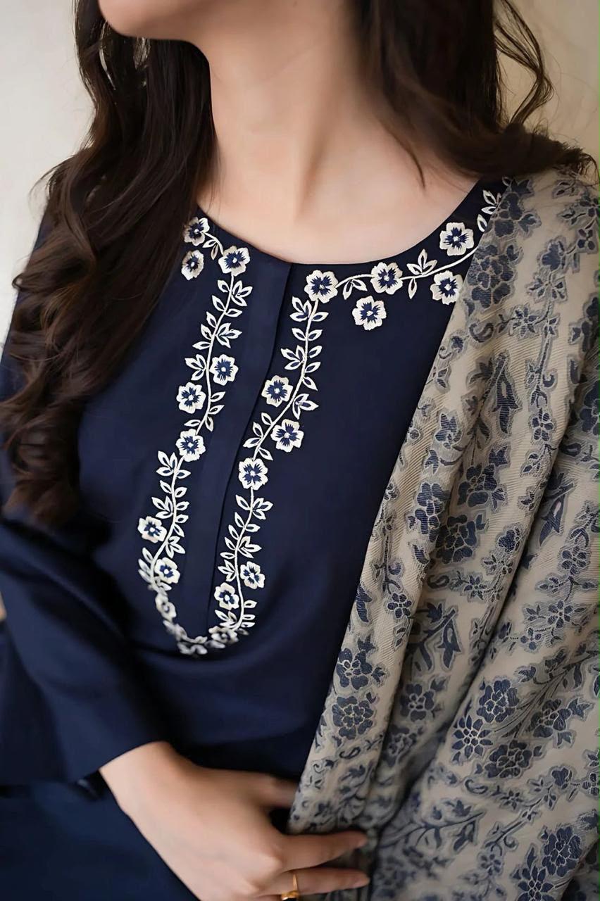 A Sling Dhanak Embroidered 3 Piece Suit – Navy Blue