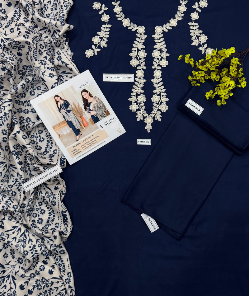A Sling Dhanak Embroidered 3 Piece Suit – Navy Blue